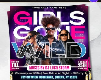 Wild Mixed Media Event Club Party Flyer für Mädchen, bearbeitbarer DJ Night Club MITTWOCHS Flyer, Canva Girls Night Out Party Flyer Vorlage