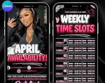 Calendario settimanale di disponibilità in nero e rosa per Instagram Story, modello di programmazione per Instagram Story, calendario degli appuntamenti disponibili, modificabile su Canvas