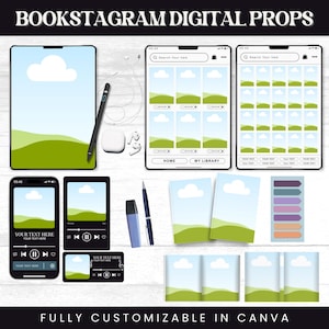 May include: A digital prop set titled BOOKSTAGRAM DIGITAL PROPS, FULLY CUSTOMIZABLE IN CANVA. Includes tablet and phone frames, a stylus, earbuds, book covers, and sticky tabs. All items feature a landscape graphic with green hills and a white cloud.