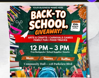 Back To School Flyer Giveaway Flyer, Back to school Supplies flyer, DIY canva template, Back 2 School Flyer, Giveaway Special Flyer Canva
