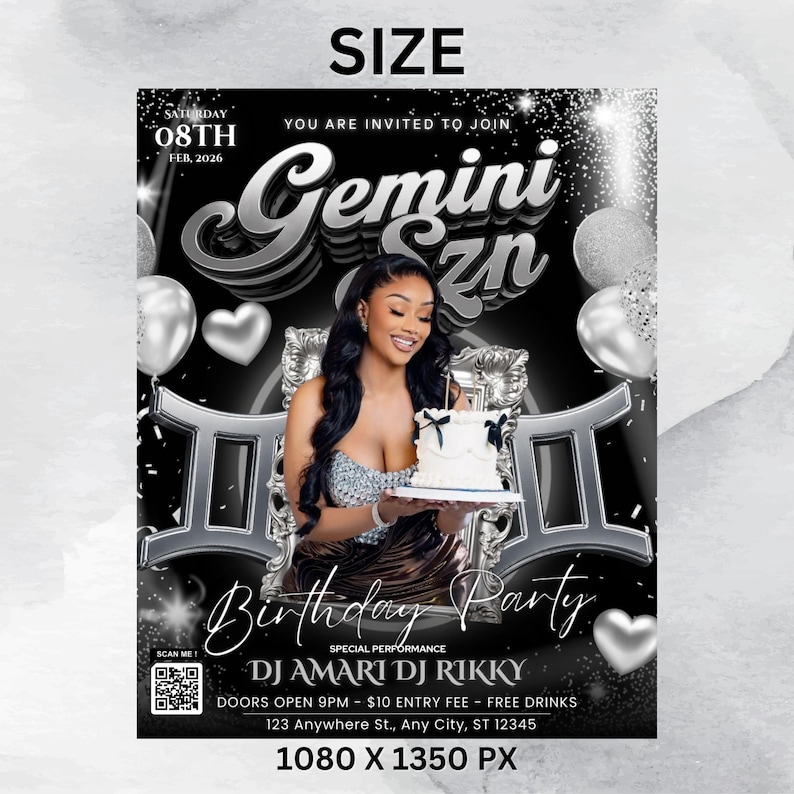 Puede incluir: Un folleto de fiesta de cumplea&ntilde;os con tem&aacute;tica de G&eacute;minis en negro y plata. El folleto presenta a una mujer sosteniendo un pastel, globos y el texto "Gemini Szn" y "Birthday Party". El folleto tambi&eacute;n incluye la fecha, la hora y el lugar de la fiesta.