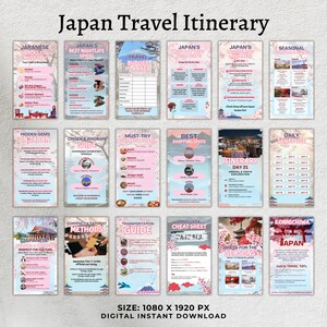 Puede incluir: Una descarga digital que presenta un itinerario de viaje a Jap&oacute;n con varias gu&iacute;as. Las gu&iacute;as incluyen temas como la vida nocturna, las compras y los horarios diarios. El dise&ntilde;o es rosa y blanco con ilustraciones y texto de tem&aacute;tica japonesa.