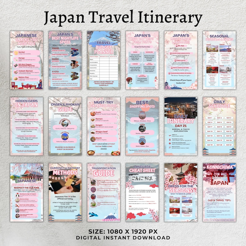 Puede incluir: Una descarga digital que presenta un itinerario de viaje a Jap&oacute;n con varias gu&iacute;as. Las gu&iacute;as incluyen temas como la vida nocturna, las compras y los horarios diarios. El dise&ntilde;o es rosa y blanco con ilustraciones y texto de tem&aacute;tica japonesa.