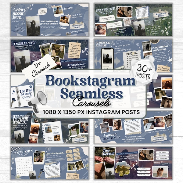 Romanze Autor Nahtloses Karussell, Bookstagram Canva Template, gemütliche ästhetische Canva für Buchliebhaber, Autoren & Blogger Social Media Content