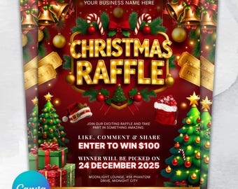Volante de rifa navideña, volante navideño, plantilla de volante DIY, volante de sorteo, volante para redes sociales, volante comercial prediseñado
