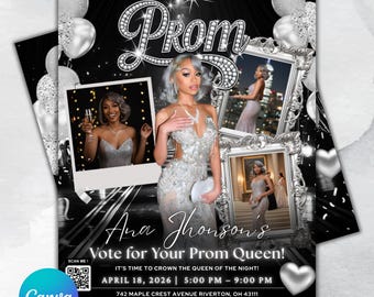 Modello di volantino per la festa di fine anno scolastico su Canva / Volantino per la reginetta del ballo / Volantino "Vota per me" / Invito al ballo di fine anno modificabile / Volantino per la festa di laurea