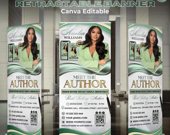 Modello di banner modificabile per il lancio del libro, banner pop-up retrattile per l'incontro con l'autore, cartello di benvenuto per il lancio del libro, banner per eventi con l'autore su Canva