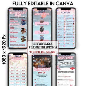 Puede incluir: Una gu&iacute;a de viaje digital en smartphones, con la vida nocturna, los lugares de compras, los itinerarios diarios y una hoja de trucos de idiomas de Jap&oacute;n. La gu&iacute;a incluye el texto "FULLY EDITABLE IN CANVA" y "EFFORTLESS PLANNING WITH A TOUCH OF MAGIC."