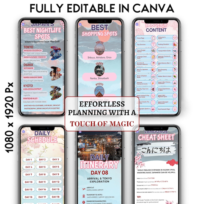 Puede incluir: Una gu&iacute;a de viaje digital en smartphones, con la vida nocturna, los lugares de compras, los itinerarios diarios y una hoja de trucos de idiomas de Jap&oacute;n. La gu&iacute;a incluye el texto "FULLY EDITABLE IN CANVA" y "EFFORTLESS PLANNING WITH A TOUCH OF MAGIC."