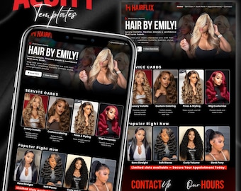 Modello di prenotazione Hairflix Acuity nero e rosso per parrucchieri, tecnici delle ciglia e truccatori, sito web per la prenotazione di appuntamenti per parrucchieri, sito di prenotazione fai-da-te