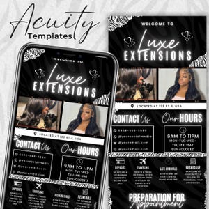 Puede incluir: Gráfico promocional en blanco y negro para los servicios de cabello "Luxe Extensions". El diseño presenta un teléfono inteligente que muestra la información del negocio, incluidos los datos de contacto, el horario y las políticas de servicio. El diseño incluye el texto "Acuity Templates".
