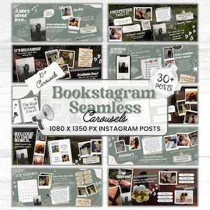 May include: A collection of Instagram post templates with a romantic theme. The design features a soft green and white color scheme, with photos, text, and decorative elements. Text includes "Bookstagram Seamless Carousels" and "1080 x 1350 PX Instagram Posts."