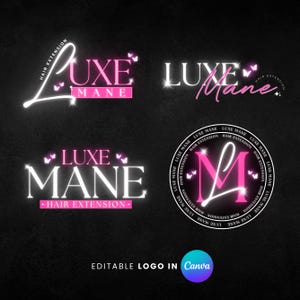 Könnte beinhalten: Vier Variationen des Logos "Luxe Mane" werden vor einem schwarzen Hintergrund gezeigt. Die Logos zeigen den Text "Luxe Mane" in Weiß und Pink mit Schmetterlingsakzenten. Die Worte "Hair Extension" sind ebenfalls enthalten. Der untere Teil des Bildes lautet "Editable Logo in Canva."