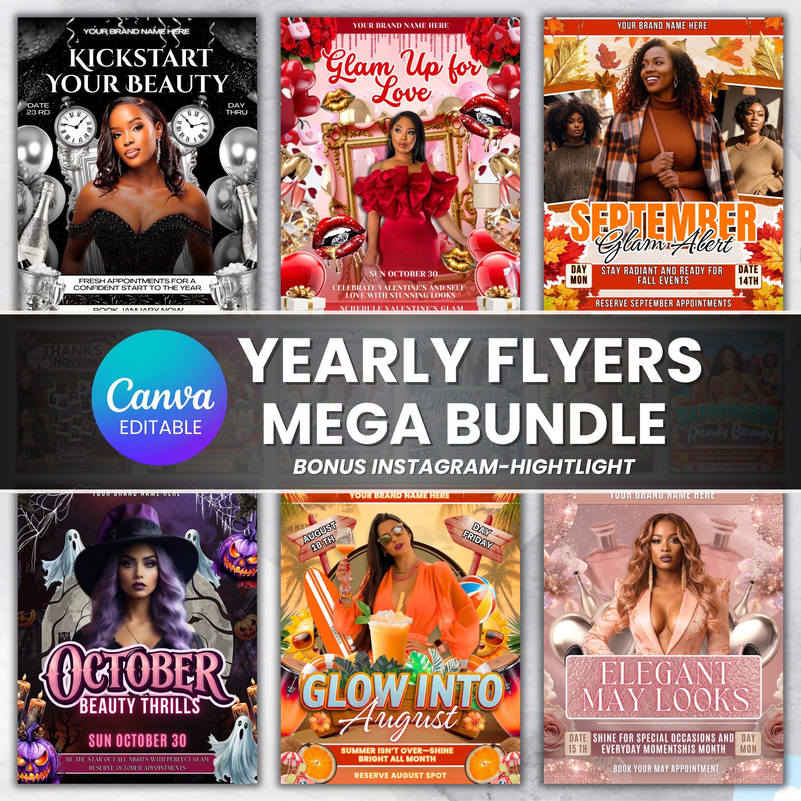 12 Monats-Flyer-Bundle, Jahreskalender, 12-Monats-Flyer, Jahreskalender für Wimpern, Nägel, MUA, Canva Template