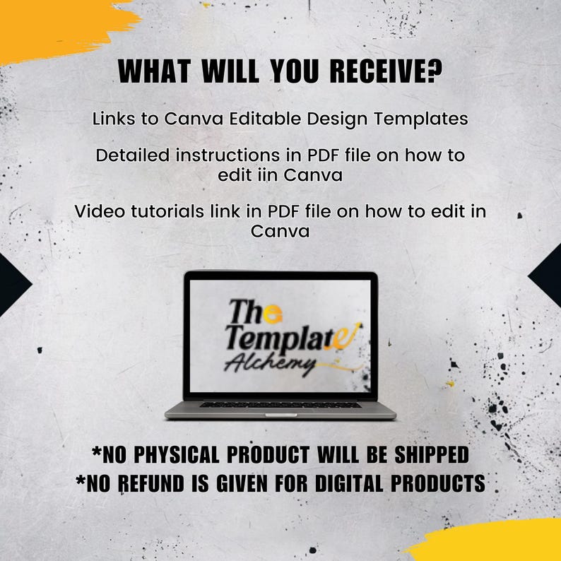 Puede incluir: Un port&aacute;til que muestra el logotipo "The Template Alchemy", con texto que enumera plantillas de dise&ntilde;o de Canva, instrucciones y tutoriales en v&iacute;deo. La imagen incluye el texto "WHAT WILL YOU RECEIVE?" y exenciones de responsabilidad sobre productos f&iacute;sicos y reembolsos.
