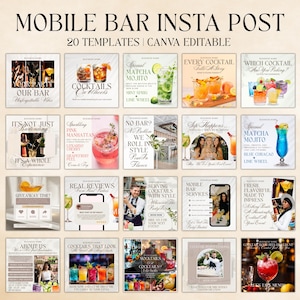 以下が含まれることがあります： モバイルバービジネス向けのInstagram投稿テンプレート20個のコラージュ。テンプレートには、さまざまなカクテル、バーサービス、プロモーションオファーが掲載されています。テキストには、「Our Bar」、「Cocktails on Wheels」、「Every Cocktail Tells a Story」、「No Bar? No Problem」、「Sip Happens」、「Real Reviews」、「Serving Cocktails with Style」、「Mobile Bar Services」、「Fresh Flavorful Made to Impress」、「About Us」、「Cocktails That Look」、「Mocktails Cocktails I do both」、「Lets Talk Menu」などのフレーズが含まれています。