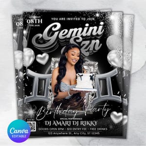 Puede incluir: Un folleto de fiesta de cumplea&ntilde;os con tem&aacute;tica de G&eacute;minis en negro y plata. El folleto presenta a una mujer sosteniendo un pastel, globos y el texto "Gemini Szn" y "Birthday Party". El folleto tambi&eacute;n incluye la fecha, la hora y la informaci&oacute;n del DJ.
