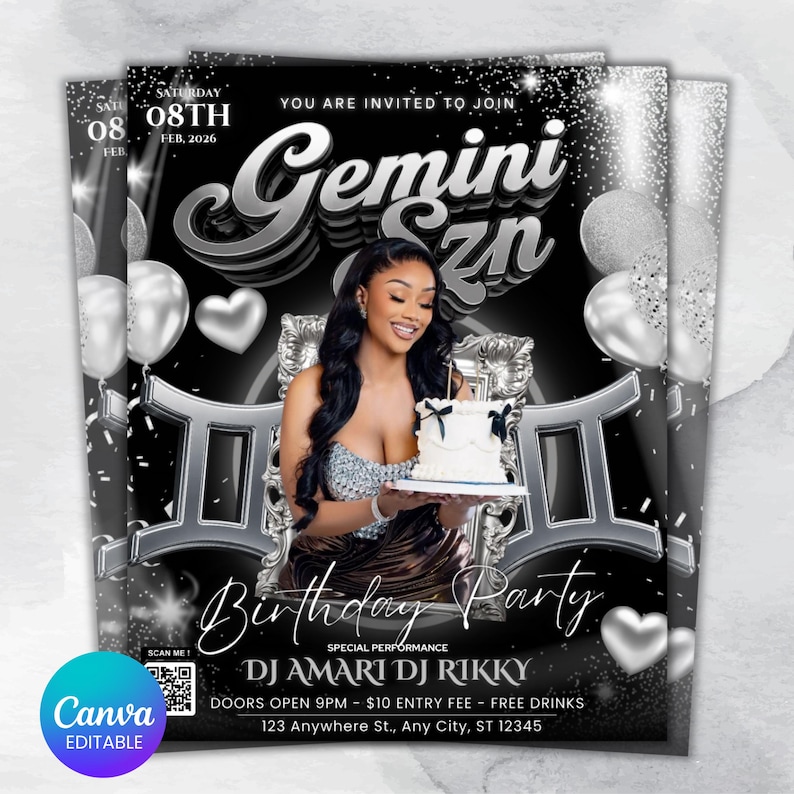 Puede incluir: Un folleto de fiesta de cumplea&ntilde;os con tem&aacute;tica de G&eacute;minis en negro y plata. El folleto presenta a una mujer sosteniendo un pastel, globos y el texto "Gemini Szn" y "Birthday Party". El folleto tambi&eacute;n incluye la fecha, la hora y la informaci&oacute;n del DJ.