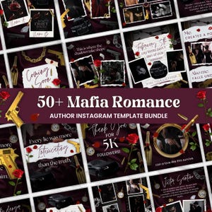 May include: A collection of Instagram templates with a mafia romance theme. The design features gold guns, roses, champagne bottles, and luxury cars. Text includes "50+ Mafia Romance" and "Author Instagram Template Bundle."