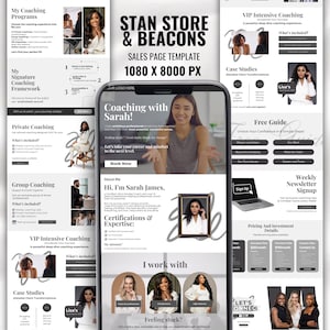 Puede incluir: Una plantilla de página de ventas digital en un teléfono inteligente, con el texto "Coaching with Sarah!". El diseño incluye imágenes de mujeres, un portátil y un botón de registro. La plantilla está etiquetada como "STAN STORE & BEACONS" y mide 1080 x 8000 px.