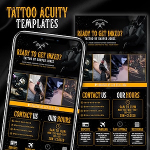 Puede incluir: Un modelo de folleto de tatuaje negro y amarillo en la pantalla de un teléfono inteligente, con el texto "READY TO GET INKED?" e información de contacto. El folleto incluye imágenes de tatuajes y artistas.