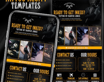 May include: A black and yellow tattoo flyer template on a smartphone screen, with the text "READY TO GET INKED?" and contact information. The flyer includes images of tattoos and tattoo artists.