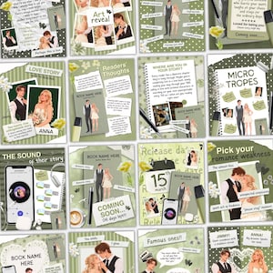 May include: A collection of digital marketing templates for romance novels featuring illustrations of a couple in formal attire, floral accents, and text overlays like Love Story, Micro Tropes, and Coming Soon in shades of sage green and white.