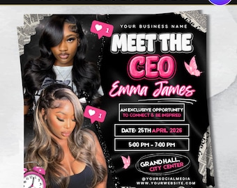 Incontra il CEO (volantino), Appuntamento disponibile (volantino), Prenota ora (volantino), Parrucchiere (volantino), Tecnico unghie e ciglia (volantino), Parrucche e trecce (modello Canva)