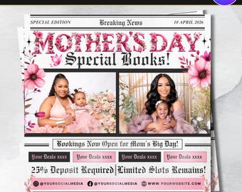 Volantino per prenotazioni per la Festa della Mamma, Volantino "Prenota ora" per maggio, Offerta speciale per la Festa della Mamma, Appuntamenti di maggio per capelli, unghie, trucco, ciglia e trecce (modificabile con Canva)