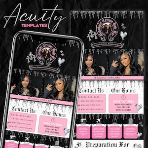 Pode incluir: Um modelo digital preto e rosa para um salão de cabeleireiro, com o texto "Midnight Crown Hair" e informações de contato. O design inclui imagens de mulheres com cabelo comprido, corações e elementos decorativos.