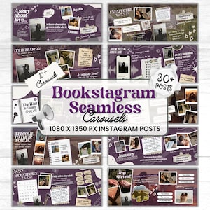 May include: A collection of purple and white Instagram post templates. The templates feature images, text, and graphics related to books and stories. Text includes "Bookstagram Seamless Carousels" and "1080 x 1350 px Instagram Posts."