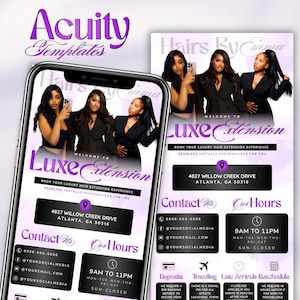 May include: A smartphone displaying a digital booking template for Hairs By Emma Luxe Extension. The design features three individuals, purple text, and black buttons with contact details, hours, and address 4827 Willow Creek Drive, Atlanta, GA 30318.