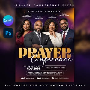 Peut inclure: Un dépliant numérique pour une conférence de prière montrant quatre personnes en tenue professionnelle. Le texte indique PRAYER CONFERENCE, samedi 20 nov. 2026, 14h00 - 17h00, et Gracepoint Worship Center, 4821 Willow Creek Drive, Atlanta, GA 30318.