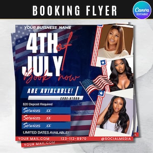 4th of July Booking Flyer, 4th of July Hair,Lash,Nails,Makeup Flyer, Independence Day Flyer, Appointent Available, Canva Editable Template