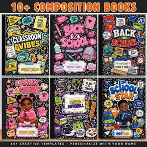 Op de afbeelding: Een collectie van zes compositieboeken met zwarte covers en kleurrijke illustraties in schoolthema, waaronder rugzakken, globes, boeken en teksten zoals Classroom Vibes, Back 2 School, Learn & Shine en School Star met naamlabels.