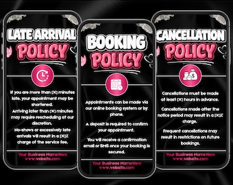 Oltre 35 modelli di policy di prenotazione, policy di prenotazione modificabili per Instagram Story, policy di prenotazione Canva per ciglia, unghie, capelli, policy di cancellazione