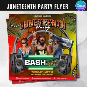 Puede incluir: Un folleto vibrante para una fiesta del Juneteenth, con una imagen central de tres personas con las manos levantadas, adornadas con pulseras coloridas. El folleto incluye el texto "Juneteenth Party" y "BASH night", junto con los detalles del evento y las redes sociales.