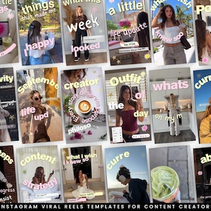 May include: A collection of fifteen Instagram reel templates for content creators featuring various lifestyle imagery, including indoor and outdoor settings, with overlaid text in yellow, white, and pink fonts, decorative star icons, and diverse layouts.