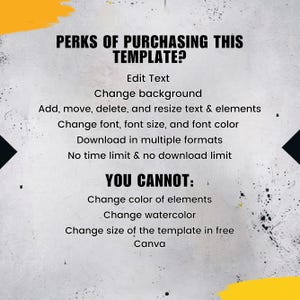 May include: A digital template with a textured gray background and yellow and black accents. Text lists the perks of purchasing the template, including editing text, changing the background, and downloading in multiple formats.