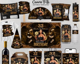 32 Shades of Melanin Birthday Bundle, Brown Birthday Party Favor Templates, Editable Birthday Invitation,Sign,Banner,T-Shirt Designs