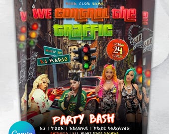 Plantilla de volante de fiesta de tráfico moderna para eventos de DJ para adultos en discotecas - Ambiente de fiesta de chicas atractivas