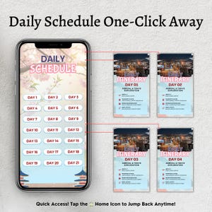 Puede incluir: Un tel&eacute;fono inteligente muestra una aplicaci&oacute;n de programaci&oacute;n diaria con un fondo de flores de cerezo y una lista de d&iacute;as. Cuatro tarjetas de itinerario diarias est&aacute;n conectadas al tel&eacute;fono, cada una con una foto de una ciudad por la noche y el texto "Daily Itinerary" y "Arrival & Tokyo Exploration."