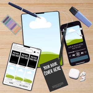 May include: A collection of digital devices including a tablet displaying a search interface with book cover placeholders, a smartphone showing a music player, a stylus, a pen, a highlighter, a small notebook, wireless earbuds, and sticky tabs.