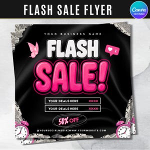 May include: A square digital flyer template with a black background featuring the text FLASH SALE in large pink bubble letters. It includes a pink butterfly, a social media notification icon, two pink alarm clocks, and newspaper print borders.