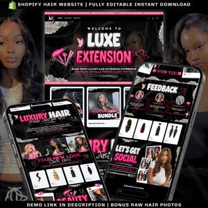 May include: A digital website template for a hair extension business featuring a black and pink color scheme. The layout includes sections for luxury hair, customer feedback, and social media links, with text reading Luxe Extension.