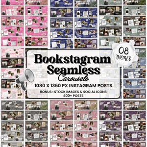 May include: A digital collection of Bookstagram seamless carousels featuring 08 themes and 400+ Instagram posts in 1080 x 1350 px. The display includes a megaphone icon and text reading Bookstagram Seamless Carousels, 08 Themes, and Bonus: Stock Images & Social Icons.