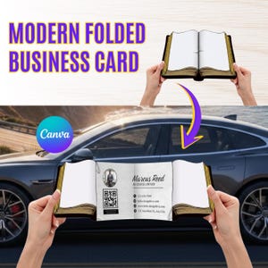 May include: A modern folded business card design, featuring a book-like appearance. The card displays a business owner's information, including a QR code, against a backdrop of a car. The Canva logo is visible.
