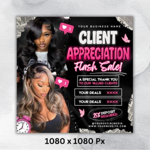May include: A promotional graphic with the text "CLIENT APPRECIATION Flash Sale!" in pink and white. The image includes two women, pink heart icons, and a pink alarm clock. The graphic also includes the text "A SPECIAL THANK YOU TO OUR VALUED CLIENTS."
