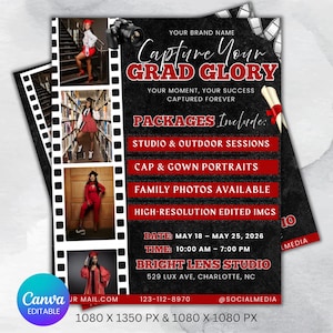 May include: A promotional flyer for Bright Lens Studio, featuring a black background with red and white text. The flyer includes photos of graduates in their caps and gowns, and lists photography packages. The flyer's text reads "Capture Your Grad Glory."