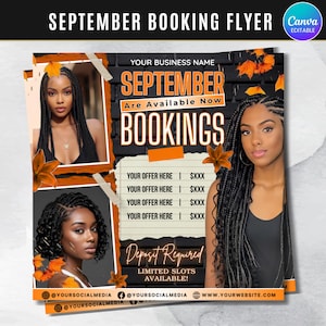 Bearbeitbarer September Buchungs-Flyer, DIY-Haar-Lash-Make-up-Nageltermine verfügbar-Flyer-Vorlage, Social-Media-Flyer, jetzt buchen-Flyer